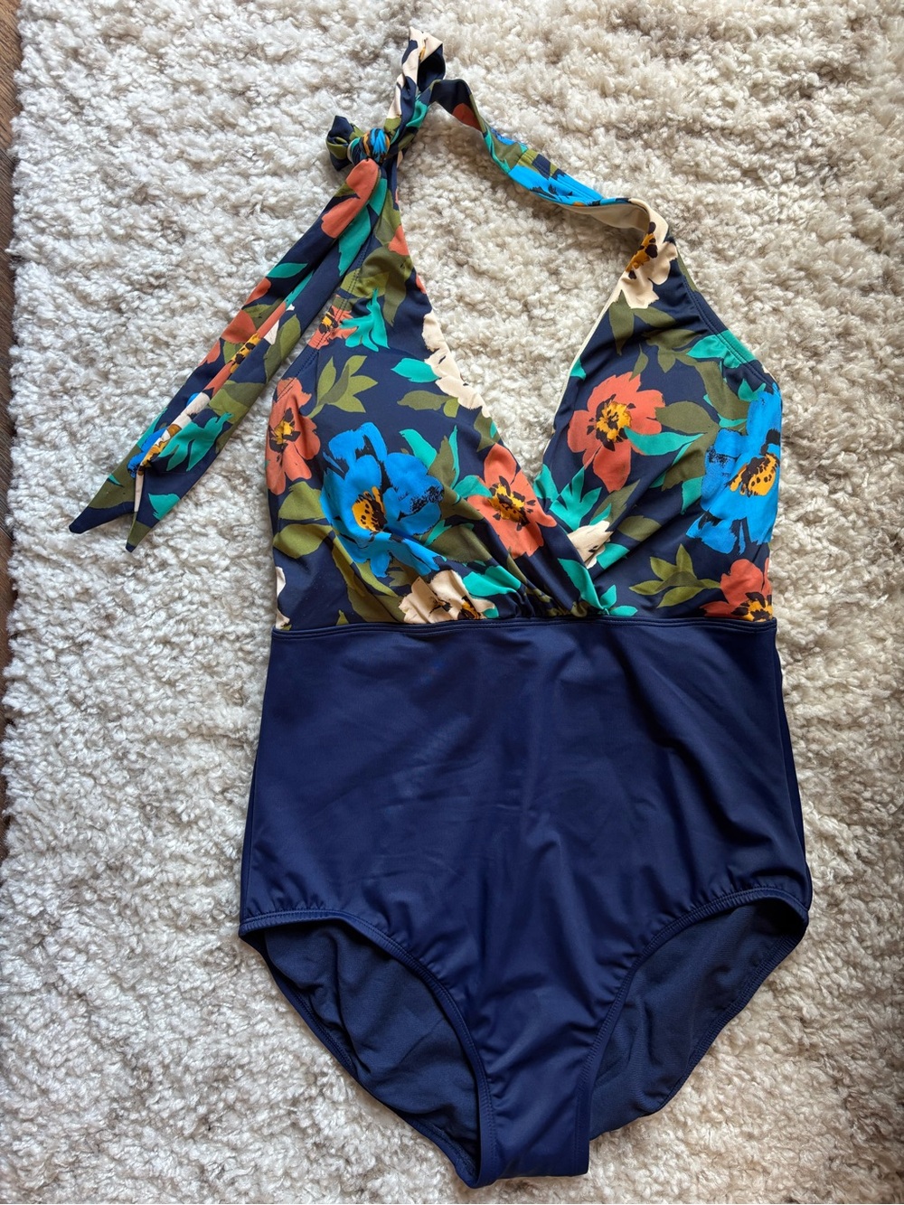 Trimshaper Halter One Piece Swimsuit Size 10 Navy Floral Tummy Control